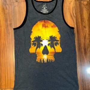 George Black Tank Top with Orange and Yellow Skull Sunset Graphic